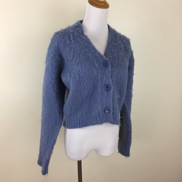 WE11DONE Blue Wool Blend Soft Knit Logo Buttons Embroidery Cropped Cardigan - Picture 4 of 13